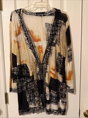 Zozo Cream & Black Patterned Open-Front Cardigan with Mustard Accents